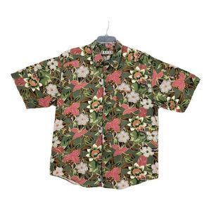 BASIX Fenn Wright Manson Adult Large Green Pink Floral Button Up Casual Mens EUC